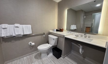 A hotel bathroom with a grab bar beside the toilet and a roll-under sink