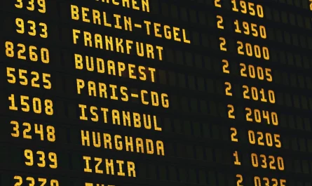 A split-flap departures board listing European destinations